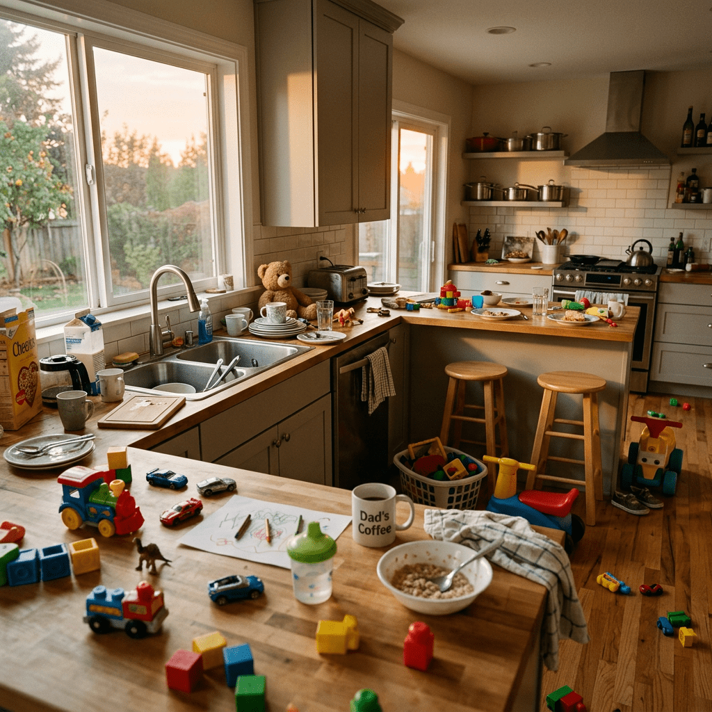 Kitchen countertop and table cluttered with breakfast dishes, toys, and drawing materials in a family home